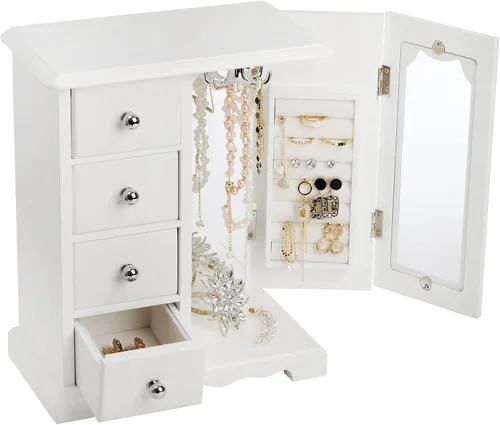 Vista 5 de Nicunom Joyero de madera para mujer, organizador de joyas con espejo, caja de exhibición de joyas con 4 cajones, organizador de almacenamiento