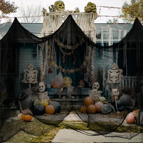 Vista 7 de Tela espeluznante negra de Halloween, 315 x 85 pulgadas, decoración de Halloween al aire libre, paño negro de gasa espeluznante, accesorios