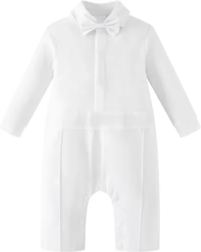 Vista 2 de MOMMY'S NEW MAN Traje de bautismo para recién nacido, mameluco de pajarita de caballero, traje de boda blanco, traje de bautizo