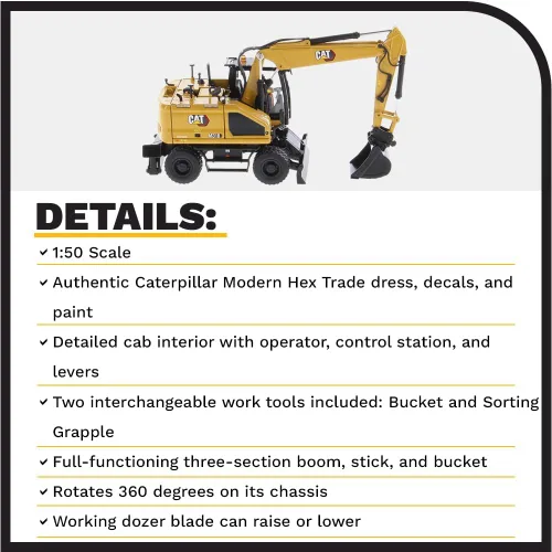 Vista 4 de Excavadora con ruedas Caterpillar M318 1:50 - Serie High Line de Diecast Masters - 85956 - Pluma móvil con garra ajustable