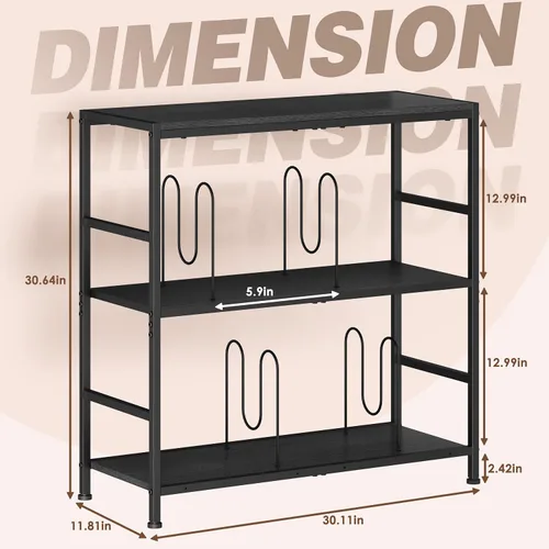 Vista 2 de Sonyabecca 3-Tier Record Player Stand with Adjustable Vinyl Storage, Black Vinyl Record Storage Up to 350 Albums, 4 Adjustable Dividers, Large