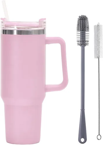 Vista 11 de Botella de agua aislada de acero inoxidable de 40 onzas con tapa con pajilla, vaso aislado al vacío de acero inoxidable con asa, vasos aislados Negro