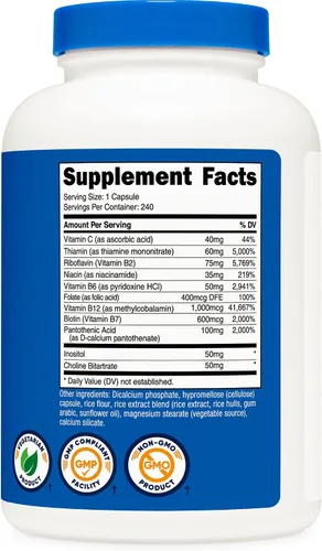 Vista 5 de Complejo de vitamina B de 0,015 oz, 240 cápsulas, con Vitamina C, complejo energético, 1