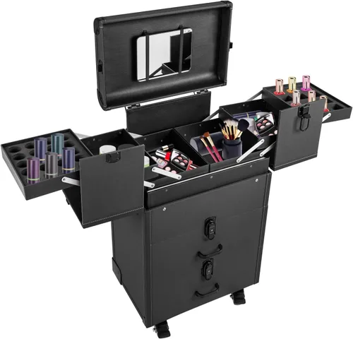 Vista 9 de Estuche de tren de maquillaje profesional con ruedas, portátil, organizador de cosméticos, carrito multifuncional para cosméticos, estuche de Rosa