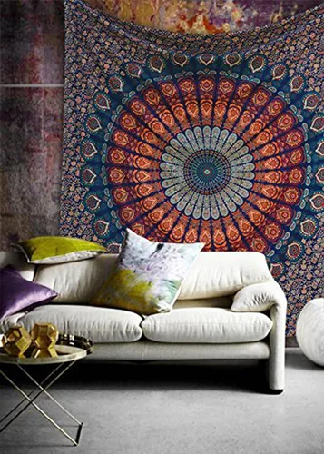 Vista 7 de raajsee - Tapiz azul y naranja con mandala - Mejor colgante de pared con mandala - Tapiz para la cama para dormitorio estético - Tamaño póster