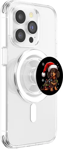 Vista 3 de Feliz Navidad Dachshund Santa Sombrero Luces Navidad Hombres Mujeres PopSockets MagSafe PopGrip para iPhone