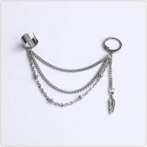 Vista 2 de Aretes de trepador con borla vintage para mujeres, niñas y hombres, cartílago de acero inoxidable, clip de vid en hoja de plumas, cadena multicapa