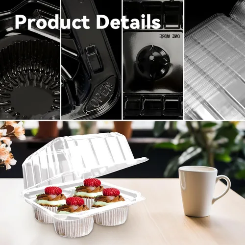 Vista 3 de Paquete de 40 cajas de plástico transparente para cupcakes de 4 compartimentos, soportes para cupcakes de 4 cavidades, recipientes transparentes