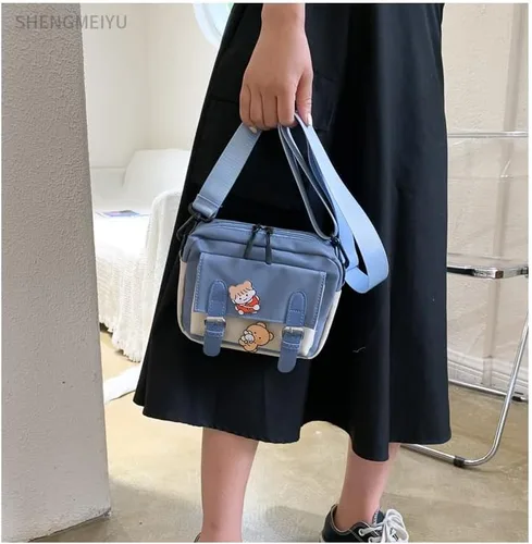 Vista 4 de Bonita bolsa de mensajero para la escuela, kawaii, bolso cruzado para mujer, Azul, Bandolera