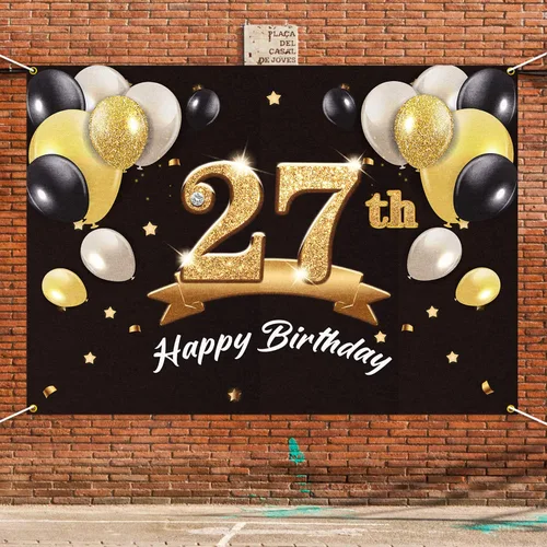 Vista 6 de Telón de fondo de pancarta de feliz cumpleaños 27 – Suministros de decoración de fiesta de cumpleaños 27 para hombres y él – Negro dorado 4 x 6 pies