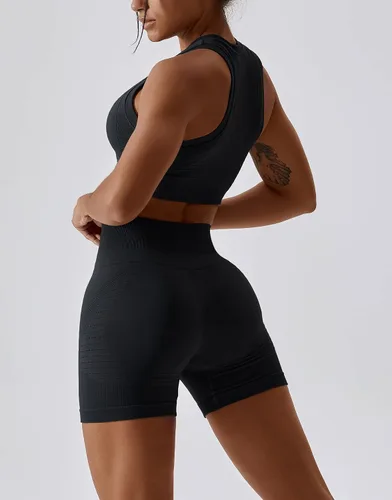 Vista 97 de Conjuntos de entrenamiento para mujer, 2 piezas, sin costuras, acanalada, sin mangas, brasier deportivo, cintura alta, pantalones cortos