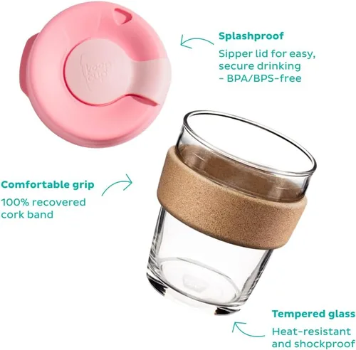 Vista 3 de KeepCup Brew Cork - Taza de café reutilizable de vidrio templado y corcho natural, M 12 oz/340 ml - Negro