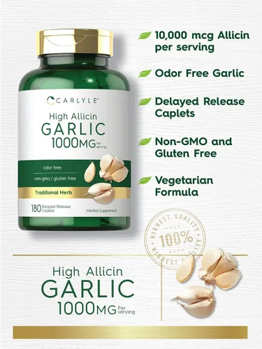 Vista 3 de Carlyle Suplemento de ajo de 1000 mg 180 cápsulas Pastillas inodoras Extracto de alto contenido de alicina Vegetariano, sin OMG y sin gluten
