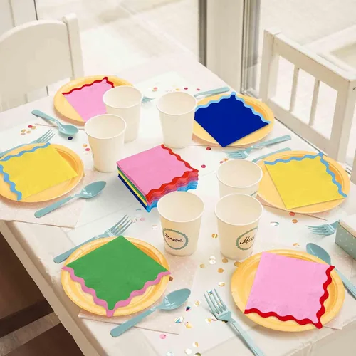 Vista 7 de Whaline 100 servilletas de papel festoneado azul, verde, rosa, amarillo, servilletas de almuerzo, desechables, decorativas, para postres, cenas