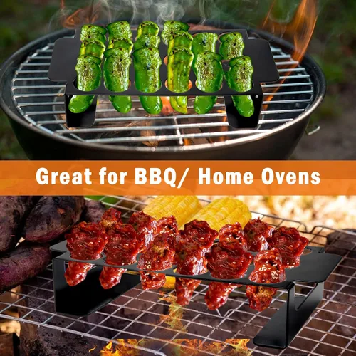 Vista 6 de Rejilla de jalapeño negro de 18 agujeros para chile, parrilla de acero inoxidable con asa, soporte de jalapeño para barbacoa, ahumador u horno