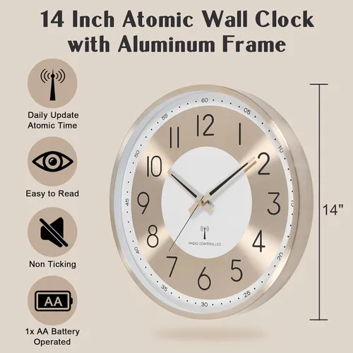 Vista 3 de Reloj de pared analógico atómico de 14 pulgadas, funciona con pilas, relojes de pared controlados por radio, juego automático de reloj de pared