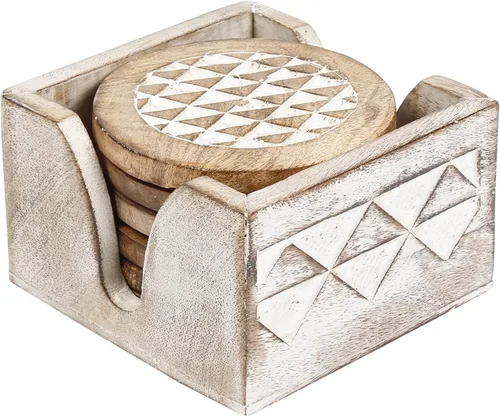 Vista 4 de Juego de 6 posavasos de madera blanqueada con soporte, posavasos rústicos para tazas de café, tazas de té y vasos, juego de posavasos de madera