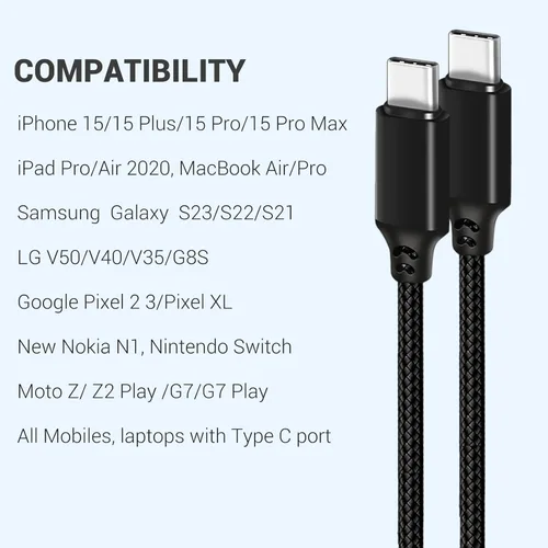 Vista 4 de Cable USB C a USB C de 240 W, 1 pie, negro, carga rápida de 5 A