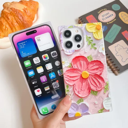 Vista 4 de Funda compatible con iPhone 14 Pro con borde rectangular, bonita funda protectora de lujo con pintura al óleo y flores para mujeres y niñas, funda