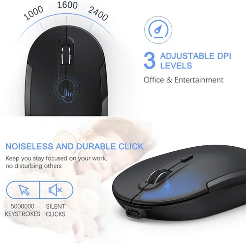 Vista 5 de Teclado y mouse inalámbricos, Vssoplor 2.4GHz recargables, combo compacto silencioso de tamaño completo con receptor Nano USB para Windows, laptop