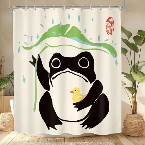 Vista 17 de Juego Divertido de Cortina de Rana Retro para Ducha, Juego de Baño 48x71 Pulgadas, Estilo Asiático Lindo, Arte Japonés Tradicional de Pato de Goma