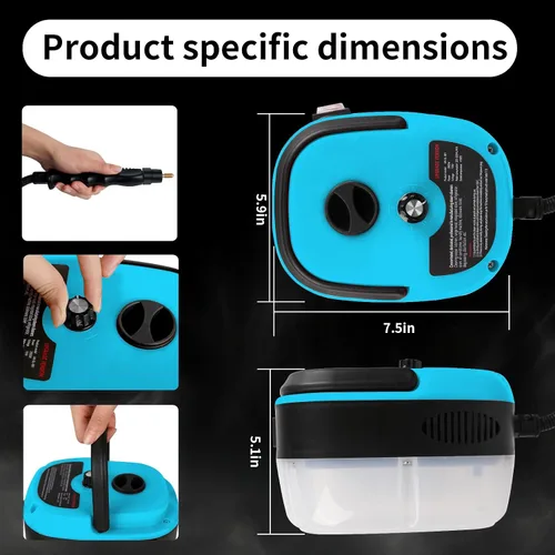 Vista 5 de Limpiador a vapor de mano, limpiador de vapor presurizado de 2500 W con 3 cabezales de cepillo, limpiador de vapor portátil para el hogar, Azul