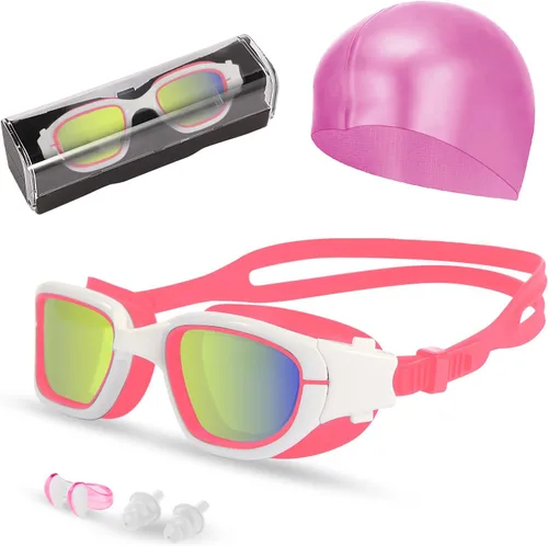 Vista 15 de Gafas de natación, gafas para adultos con gorro de natación, clip de nariz y tapones para los oídos, protección UV, lente antivaho y funda