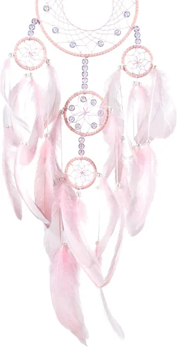 Vista 5 de Atrapasueños suaves – Plumas de ganso rosa claro con multianillo, perla de lujo, cuero natural, hecho a mano, gran atrapasueños para decoración
