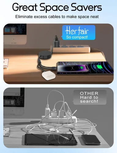 Vista 5 de Herfair Cable USB C retráctil de 5 A/100 W, cable de carga múltiple 3 en 1, cable de carga rápida para iPhone, iPad, Android, tableta, laptop