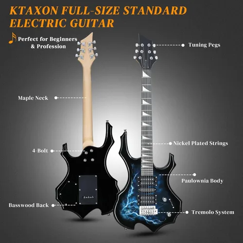 Vista 2 de Kit de guitarra eléctrica Ktaxon con diseño Burning Fire, guitarra eléctrica de 39 pulgadas HSH para principiantes con amplificador, diapasón