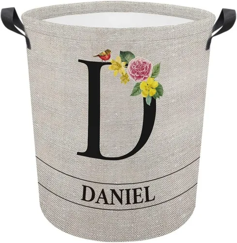 Vista 20 de Cesta de lavandería con inicial floral personalizada, monograma, nombre personalizado, flores y pájaros, cesta de ropa plegable de tela, caja