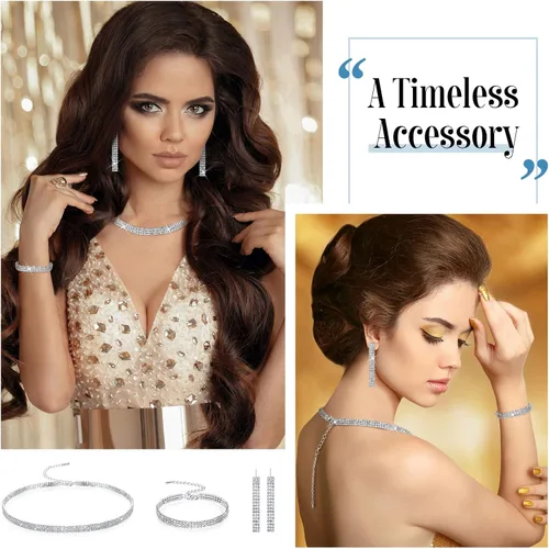 Vista 6 de Sanwuta 4 Pcs Silver Clutch Purses Women Evening Rhinestone Jewelry Set Necklace Earrings Bracelet Prom Christmas Accessories