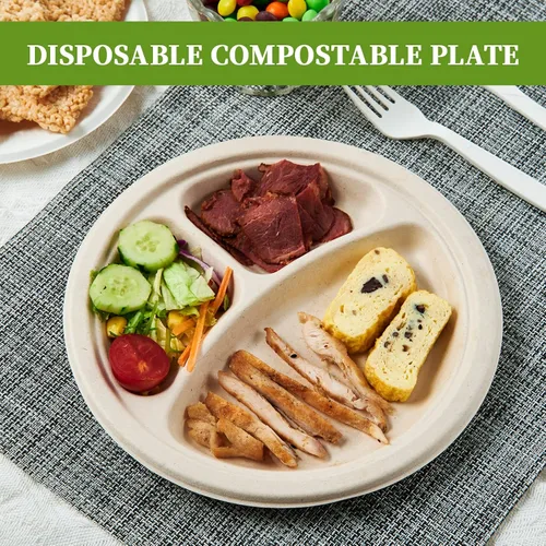 Vista 5 de ECOLipak Paquete de 125 Platos Compostables de 3 Compartimentos, Platos de Papel Desechables de 8.85 Pulgadas de Alta Resistencia, Plato Dividido