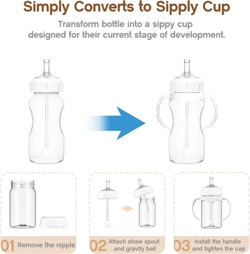 Vista 6 de Kit de conversión de vasos para sorber de paja para biberones de cuello ancho Dr Browns, kit de transición de tazas para sorber con parte superior