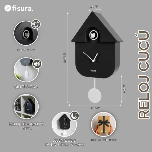 Vista 2 de Fisura - Reloj de pared de cuco para decoración de oficina en casa, blanco y negro Modern wall clock. Gift-ready home decor. Requires 3 AA
