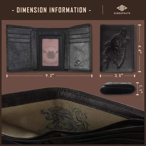 Vista 4 de skneephate Cartera personalizada de lobo para hombres, billeteras triples para hombres, con bloqueo Rfid, carteras de cuero, regalos para él