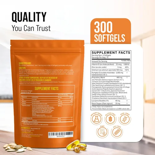 Vista 4 de Aceite de semilla de calabaza con palma enana, cúrcuma, ortiga y más 3000 mg por porción, 300 cápsulas blandas Prensado en frío, virgen extra