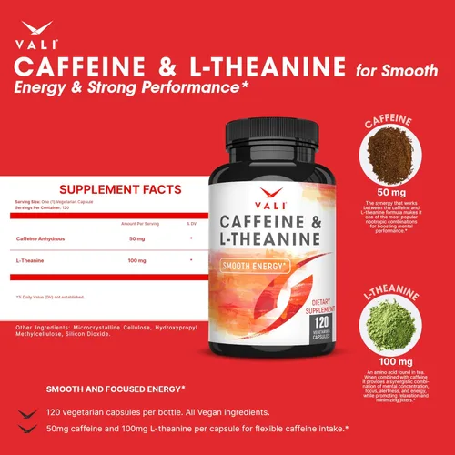 Vista 2 de VALI Cafeína 50mg y L Theanine 100mg - Píldoras de cafeína y L-Teanina para energía inteligente y enfocada y suplemento de concentración. Nootrópico
