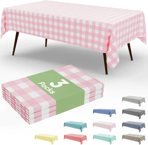 Vista 84 de Smiry Paquete de 3 Manteles Desechables de Cuadros Gingham Color Caqui - 54" x 72" Mantel de Plástico de Servicio Pesado, Cubiertas de Mesa