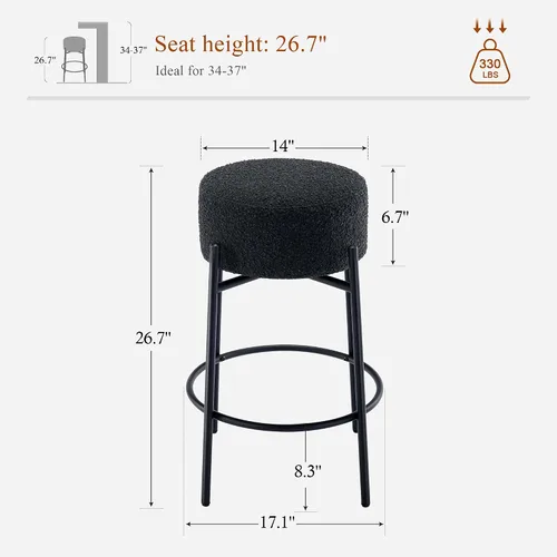 Vista 2 de Boucle - Juego de 2 taburetes de mostrador sin espalda, modernos taburetes de bar giratorios con asiento redondo y patas de metal, silla de altura