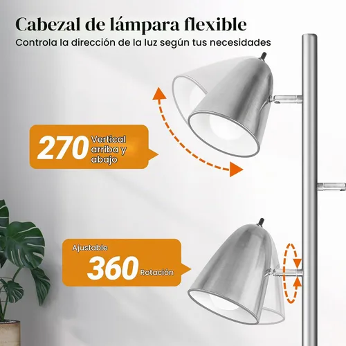 Vista 3 de QiMH Tree Floor Lamp with 3 Light Bulbs, Standing Tall Pole Lamps for Living Room Bedroom Office, Reading Stand up Lamps with 3 Adjustable Brushed