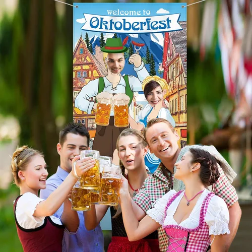 Vista 6 de Blulu Decoraciones de fiesta de Oktoberfest para fiesta de Oktoberfest, accesorios de fotos de tela gigante, fondo de cabina de fotos, suministros