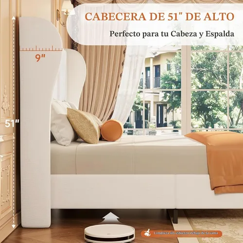 Vista 4 de koorlian - Marco de cama tapizado tamaño King con cabecera de 51 pulgadas Beige
