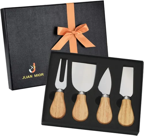 Vista 10 de Exquisito juego de cuchillos de queso de 4 piezas, colección completa de cuchillos de queso de acero inoxidable (mango de madera de acacia), listo