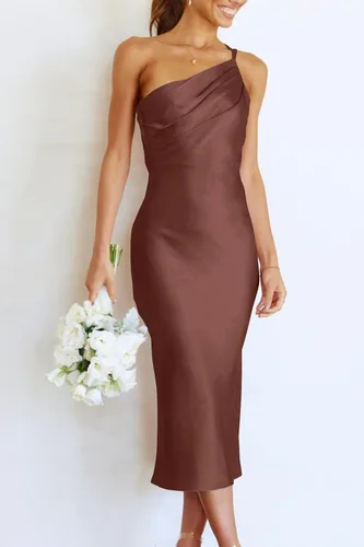 Vista 2 de PRETTYGARDEN Vestido midi de satén para mujer, con un hombro, tirantes delgados, espalda descubierta, fruncido, vestido ajustado de verano