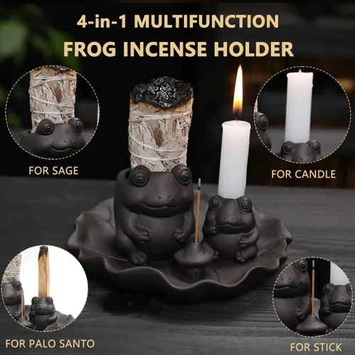 Vista 2 de ChangWanna Soporte multifuncional para incienso de rana 4 en 1, soporte de Palo Santo, soporte de salvia, soporte de incienso de cerámica