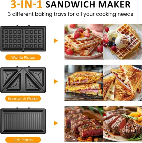 Vista 2 de Máquina 3 en 1 para Gofres, Parrilla y Sándwiches, Sandwichera Prensa Panini Plancha de Gofres con Placas Antiadherentes Extraíbles y Luces