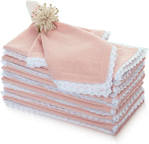 Vista 42 de FINGERCRAFT Servilletas de tela de lino y algodón de 12 unidades con esquinas ingletadas y elegante encaje para uso diario; las servilletas están