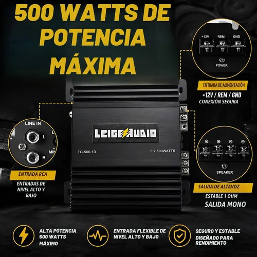 Vista 5 de Amplificador Monoblock de 500 Vatios, Clase D, Amplificadores de Subwoofer Estables a 1 Ohm para Altavoces de Audio de Coche