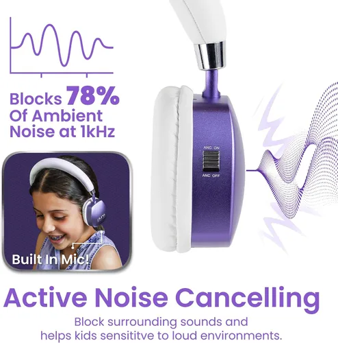 Vista 3 de Puro Sound Labs PuroQuiet Plus - Auriculares con cancelación de ruido para niños, Bluetooth, diseño en la oreja con micrófono integrado, audio